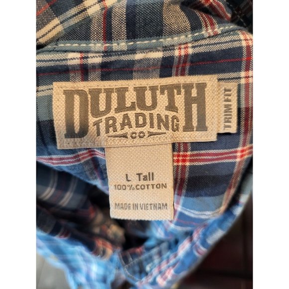 Mens Duluth Trading Blue Plaid Long Sleeve Button Up Shirt Sz L Tall Trim Fit - Picture 5 of 5